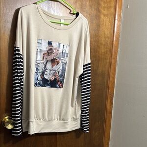 Together Clothing Striped Sleeve Graphic Women Top